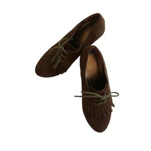 TAHARI Suede Hi Heel Chocolate Brown Oxfords, Size 7.5